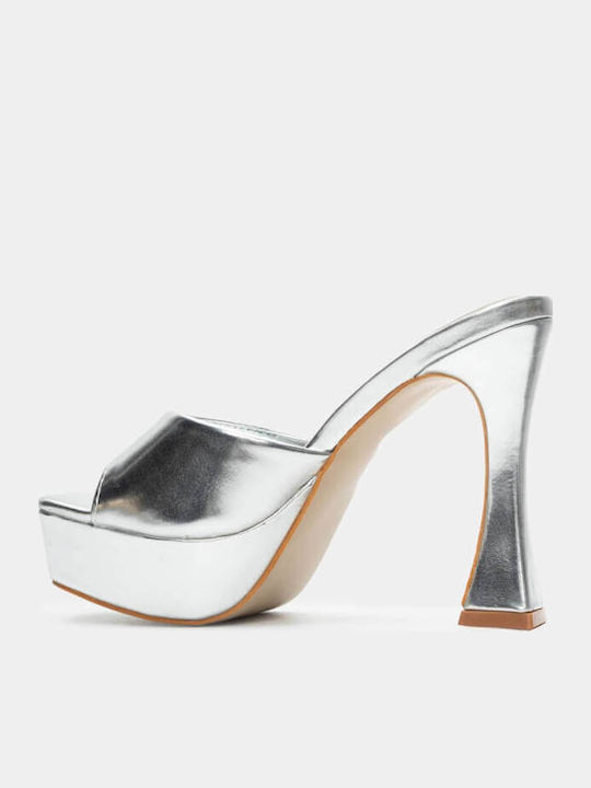 Mules from Patent Leather with Chunky High Heel in Silver Color