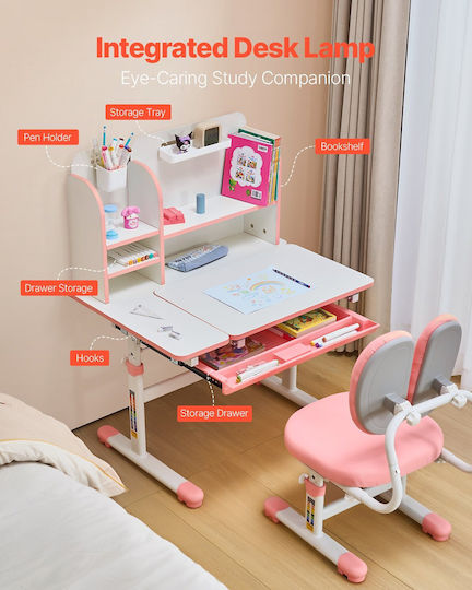 Kids Desk Made of Pink Melamine 80x60x54-73cm