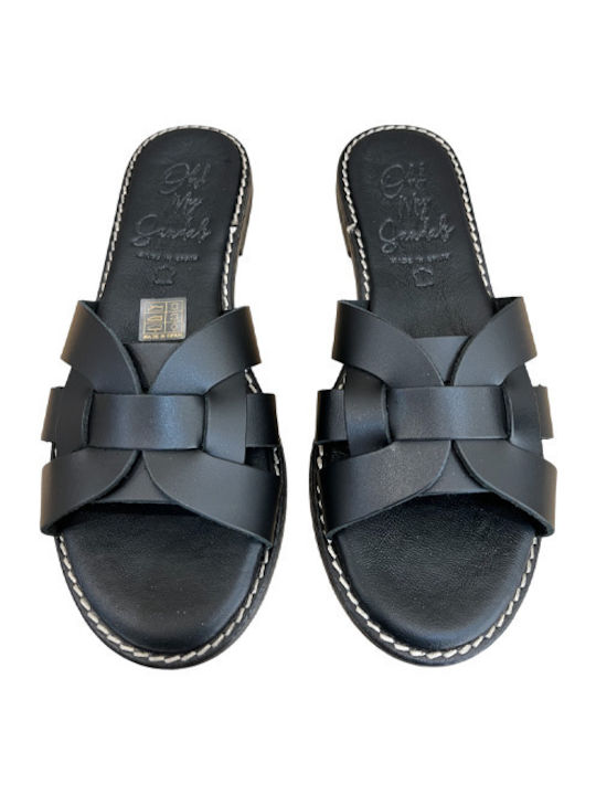 Leather Women's Flat Sandals in Black Color