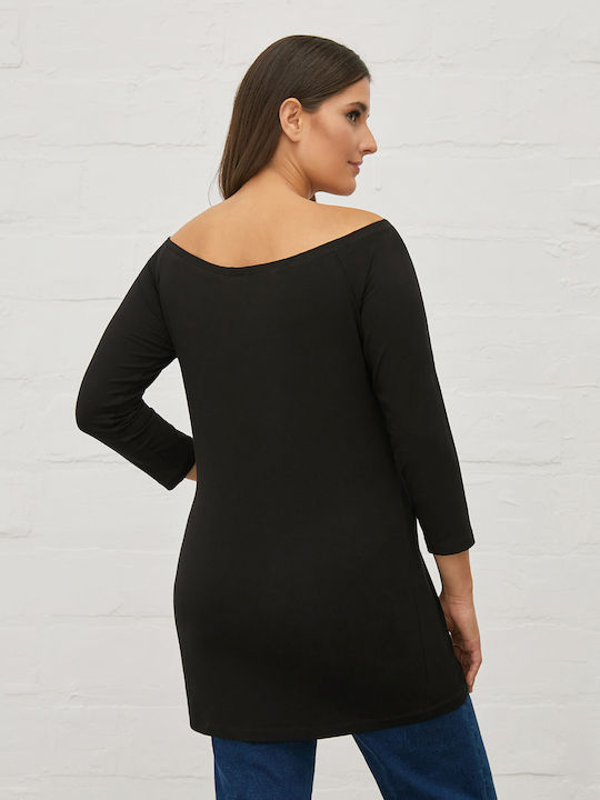 Basic Women's Tunic Dress with 3/4 Sleeve & Boat Neckline Black