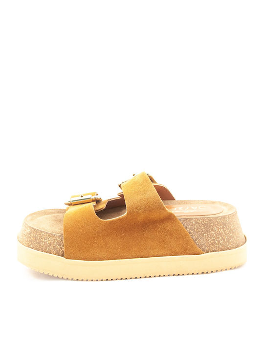 Leather Women's Flat Sandals Tabac Brown