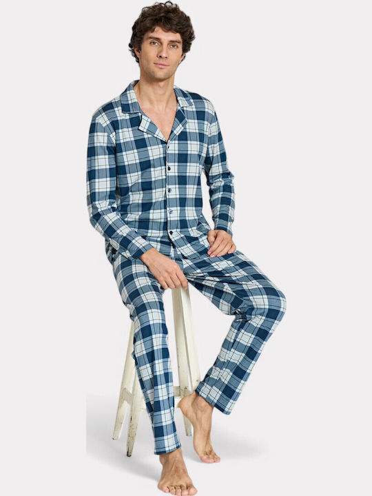 Pijadore Pijama Bărbați Albastru în Carouri – Mânecă Lungă Pjdr1818-1-blue