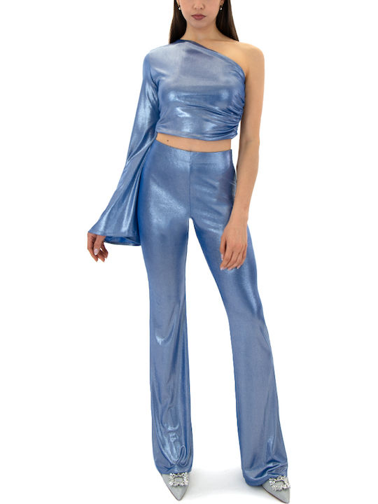 Women's Crop Top Off-Shoulder Long Sleeve Blue