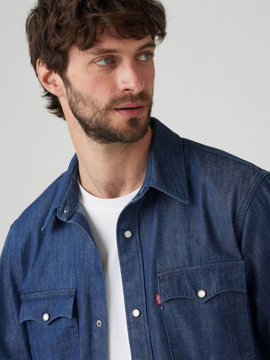 Western Short-sleeved Cotton Shirt in Wide Line Dark Wash