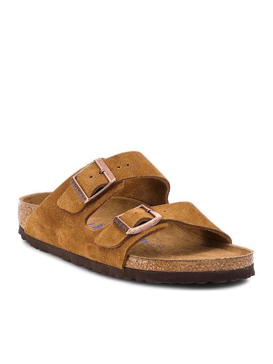 Arizona Soft Footbed Suede Leather Women's Flat Sandals Anatomic in Tabac Brown Color Narrow Fit