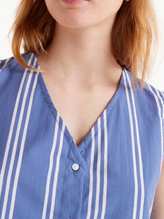 Women's Blouse Cotton Sleeveless Striped Blue