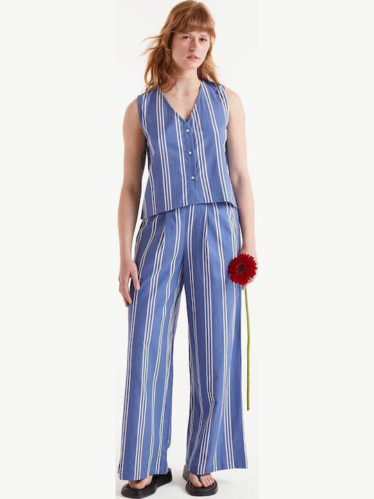 Women's Blouse Cotton Sleeveless Striped Blue