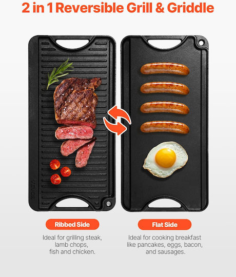 Vevor Non-Stick - Antiaderent Placă de copt Față și spate cu Suprafață Netedă & Striată din Fontă 20x10cm