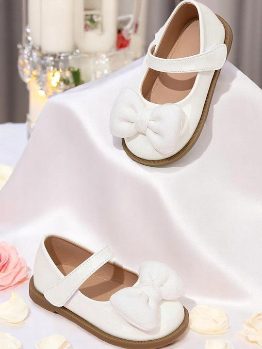 Kids Leather Ballerinas with Hoop & Loop Closure White