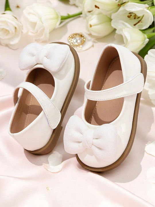 Kids Leather Ballerinas with Hoop & Loop Closure White