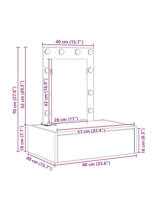 Стенна Спална Тоалетка Дървена Кафява с Огледало 60x40x70см