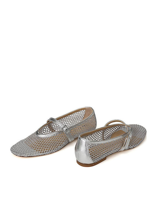 Leather Ballerinas With strap Silver