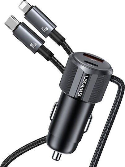 Usams CC287 Φορτιστής Αυτοκινήτου 66W με Θύρες: 1xUSB 1xType-C μαζί με Καλώδιο Lightning / Type-C