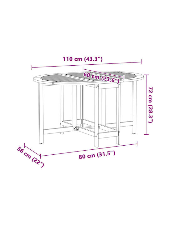 Outdoor Table Made of Acacia Foldable Acacia 110x60x72cm