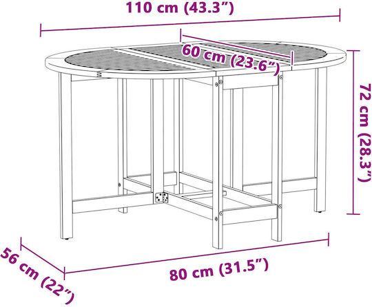 Outdoor Table Made of Acacia Foldable Acacia 110x60x72cm