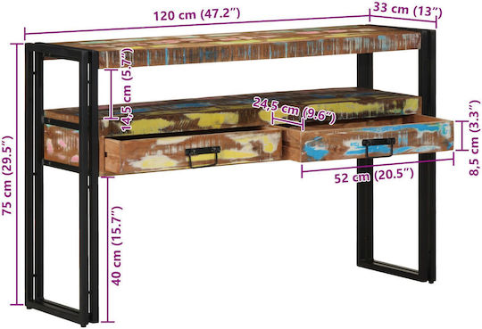 Console Table of Solid Wood & Metal Colorful L120xW33xH75cm