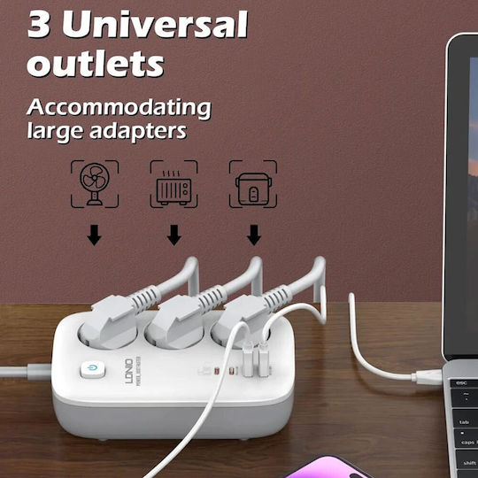 Ldnio Πολύπριζο 3 Θέσεων με 2 USB-A, 2 USB-C, Διακόπτη και Καλώδιο 1.2m Αγγλίας (Type G)