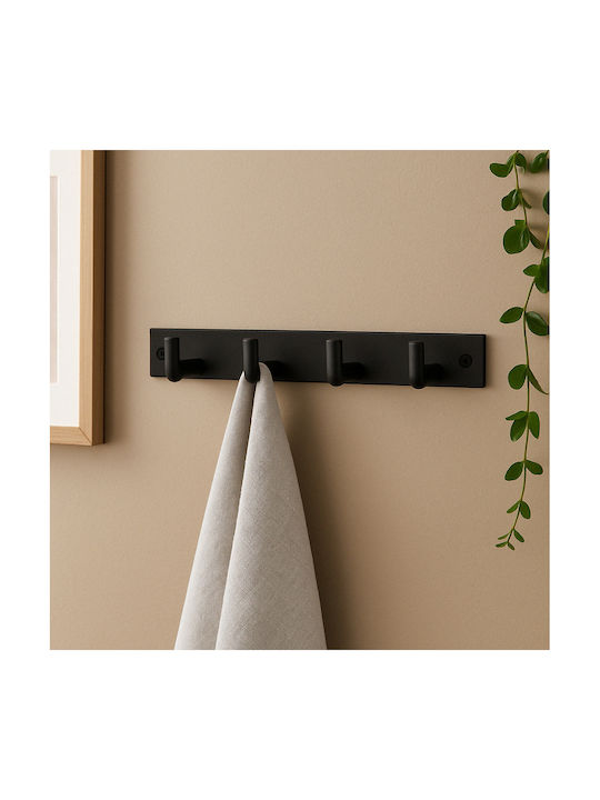 Metal Wall Hanger 4 Hooks Black 31x4x4.5cm