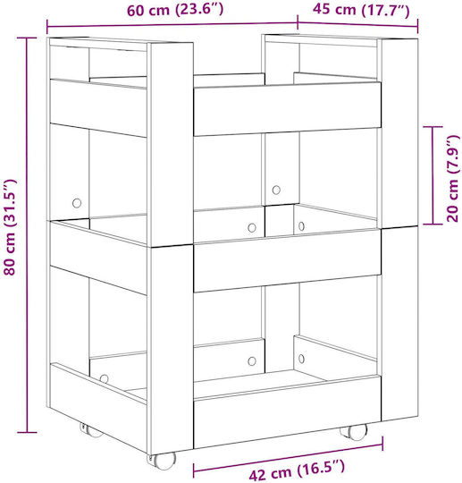 vidaXL Wooden Kitchen Trolley 3 Tiers Brown 60x45x80cm