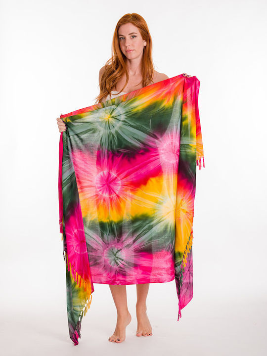 Pareo din vâscoză cu explozie tie-dye și franjuri galbene 294-12 Pareo din vâscoză cu explozie tie-dye și franjuri galbene 294-12