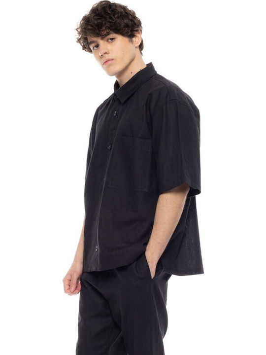 Μακρυμάνικo Λινό Overshirt σε Φαρδιά Γραμμή Black