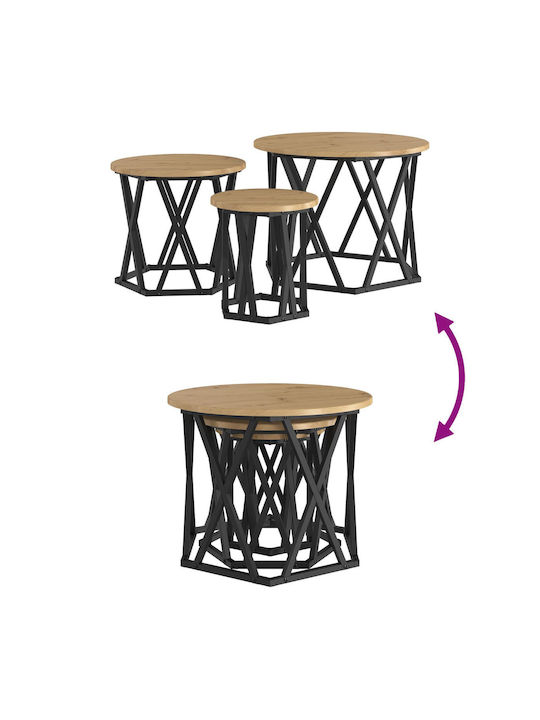 Round Side Table Set of 3 Made of Solid Oak Wood 53x53 cm