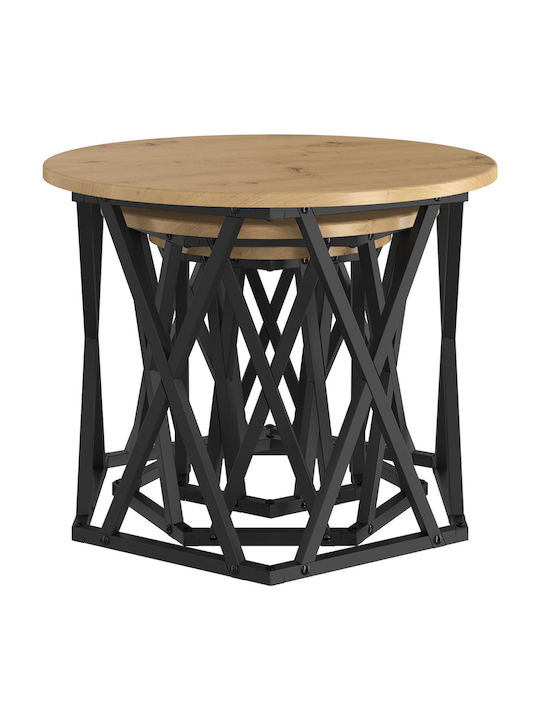 Round Side Table Set of 3 Made of Solid Oak Wood 53x53 cm
