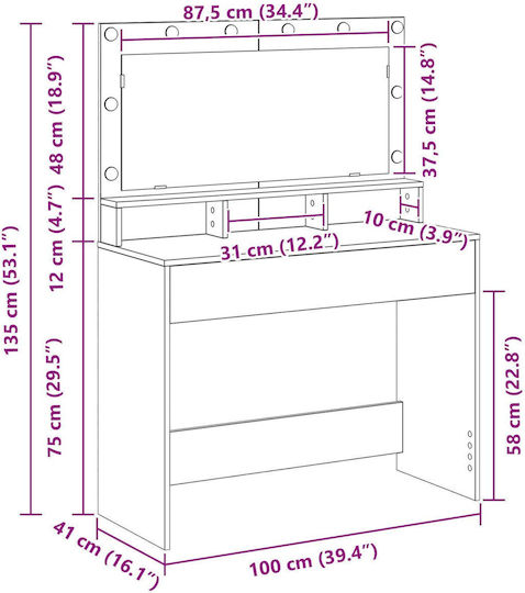 Masă De Toaletă De Podea Din Lemn De Fag Cu Oglindă 100x41x135cm