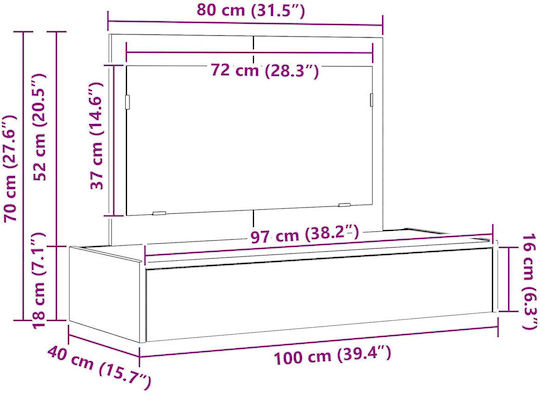 Wandmontage Schminktisch Schlafzimmer Holz Schwarz Eiche mit Spiegel 100x40x70cm
