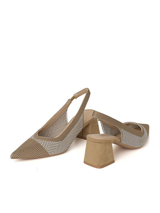 Pointed Toe Beige Medium Heels with Strap