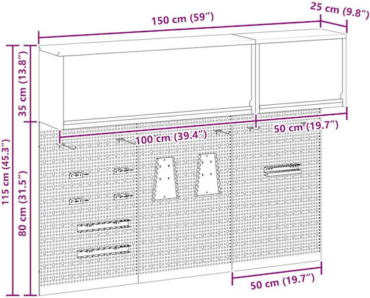 5-teiliges Werkzeugset Vidaxl Wandschrank Schwarz Metall Grau