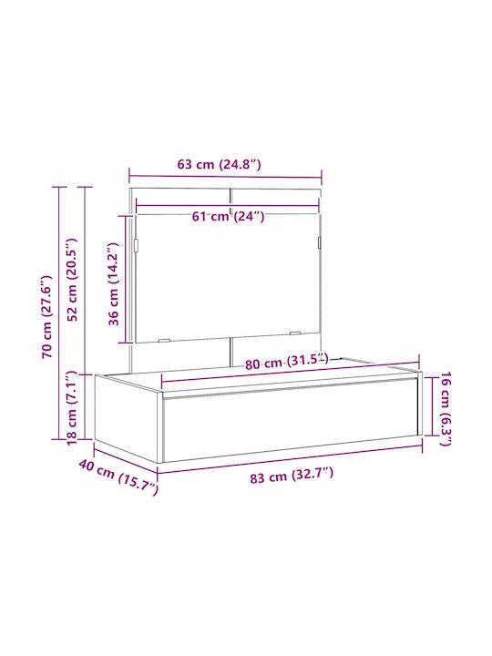 Wall-Mounted Makeup Dressing Table Wooden Brown with Mirror 83x40x70cm