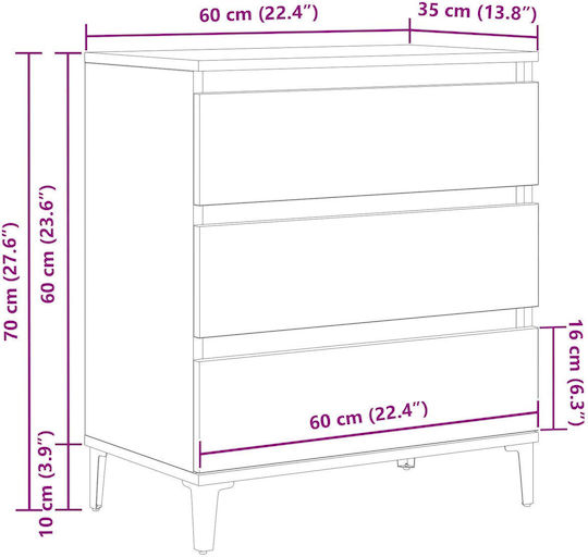 Comoda pentru Dormitor Μαύρο Δρυός 60x35x70buc