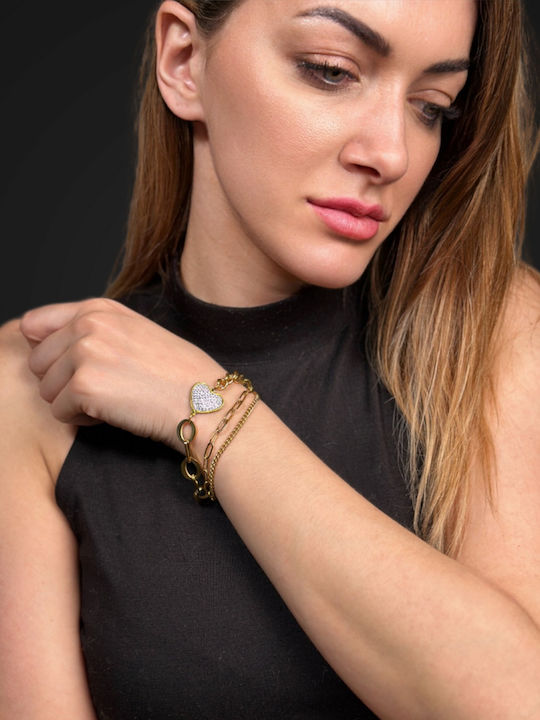 Women's Chain Bracelet with Heart Design in Gold Plated Stainless Steel 15.5cm