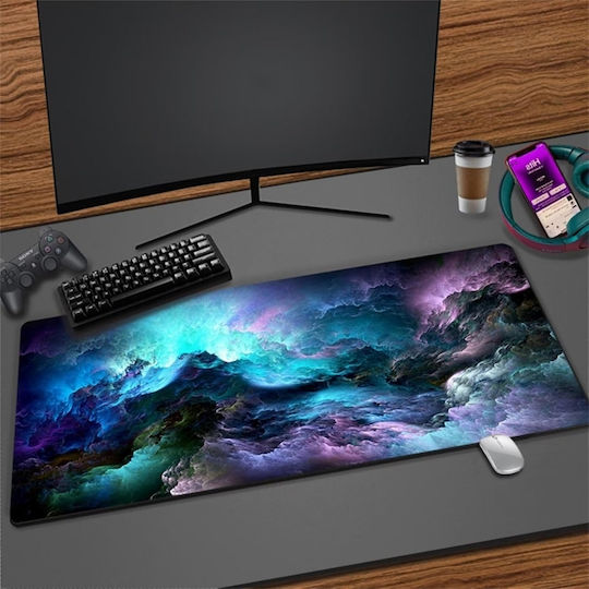 Green Purple Clouds Gaming Mouse Pad Non-slip Rubber Base Stitched Edges 40x90 Cm