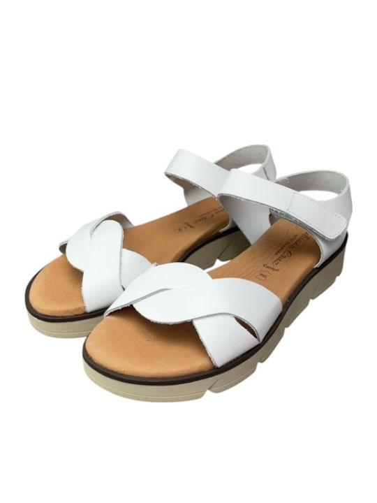 Δερμάτινα Γυναικεία Ανατομικά Σανδάλια Flatforms Λευκά