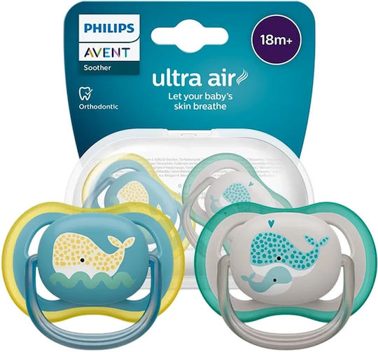 Philips Ultra Air Πιπίλες Καουτσούκ με Θήκη Γκρι / Μπλε Φάλαινα για 18+ μηνών 2τμχ