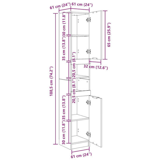 vidaXL Floor Bathroom Column Cabinet L32xD34xH188.5cm Black