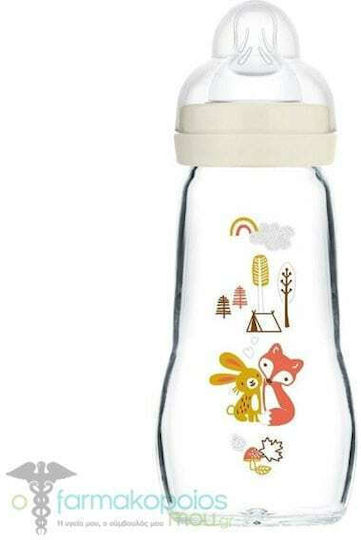 Mam Glass Baby Bottle Feel Good Anti-colic with Silicone Teat for 2+ Months Beige Fox - Cream 260ml