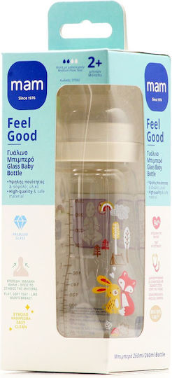 Mam Glass Baby Bottle Feel Good Anti-colic with Silicone Teat for 2+ Months Beige Fox - Cream 260ml