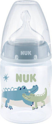Nuk Plastic Baby Bottle First Choice Plus Anti-Colic with Rubber Teat for 0-6 Months Blue Crocodiles - Blue 150ml