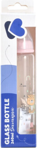 Kikka Boo Glass Baby Bottle Anti-colic with Silicone Teat for 3+ Months Pink Savanna 240ml