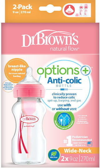 Dr. Brown's Plastic Baby Bottle Options Anti-Colic with Silicone Nipple for 0+, 0+ m, months Pink 270ml 2pcs