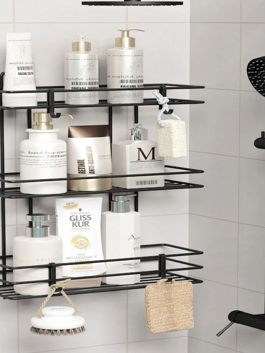 Femmit Wall-Mounted Metal Snap-On Bathroom Shelf 3 Shelves 4 Hooks 10x25x48 Cm Electrostatic Black Matte Finish