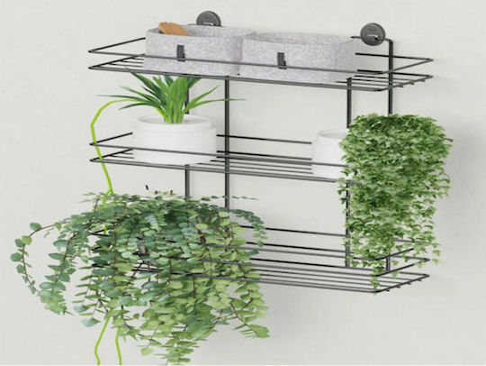 Femmit Wandmontiertes Metall-Schnappregal für das Badezimmer 3 Regalböden 4 Haken 10x25x48 cm Elektrostatische schwarze matte Oberfläche
