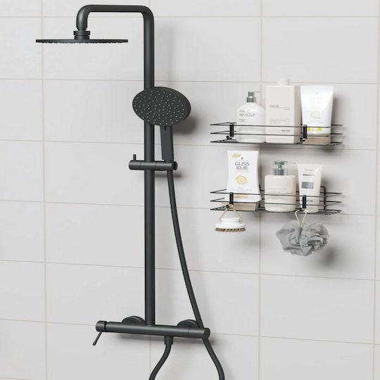 Femmit Wandmontiertes Metall-Snap-On-Badezimmerregal Set 2 Regale 4 Haken 30x10,5x12,5 cm Schwarz Matt