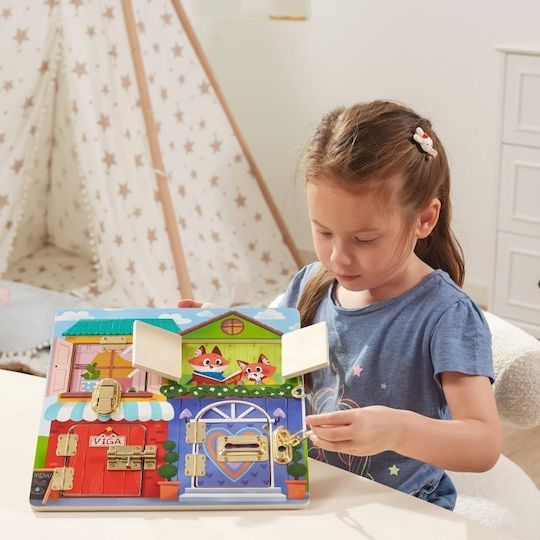 Viga Toys Board Lock And Latch House Montessori Montessori Joc Educațional de Cunoștințe din Lemn pentru 1,5+ ani Ani