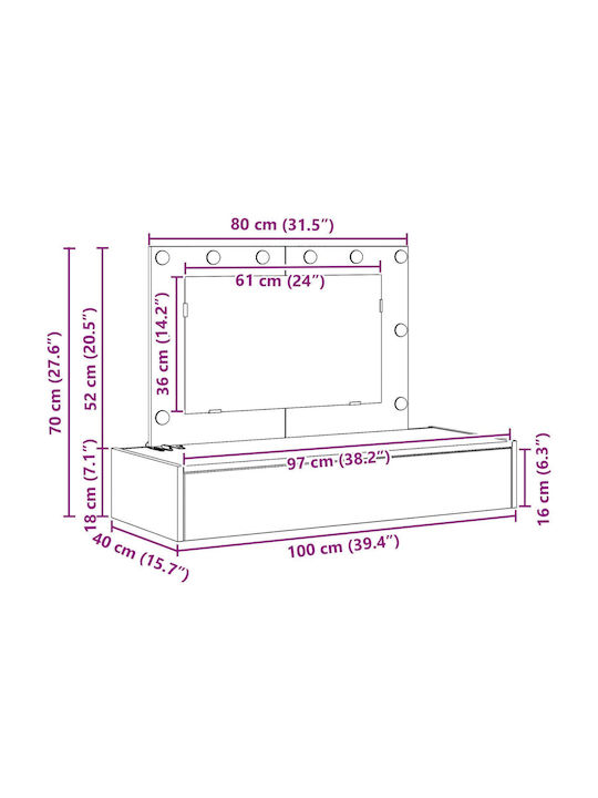 Wandmontage Schminktisch Schlafzimmer Holz Artisan Braune mit Spiegel 100x40x70cm