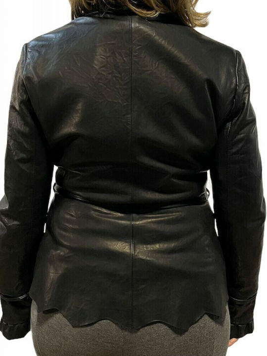 MARKOS LEATHER Γυναικείο Δερμάτινο Μεσάτο Σακάκι Μαύρο