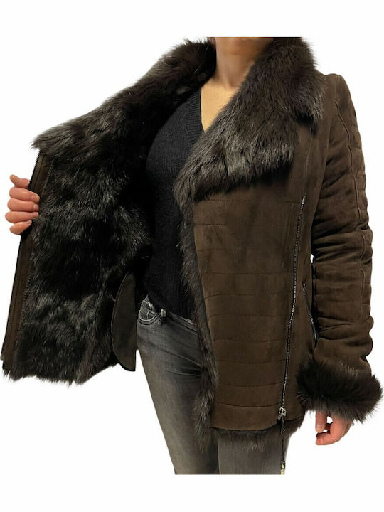 Mouton Women's Brown Peacoat with Fur Details